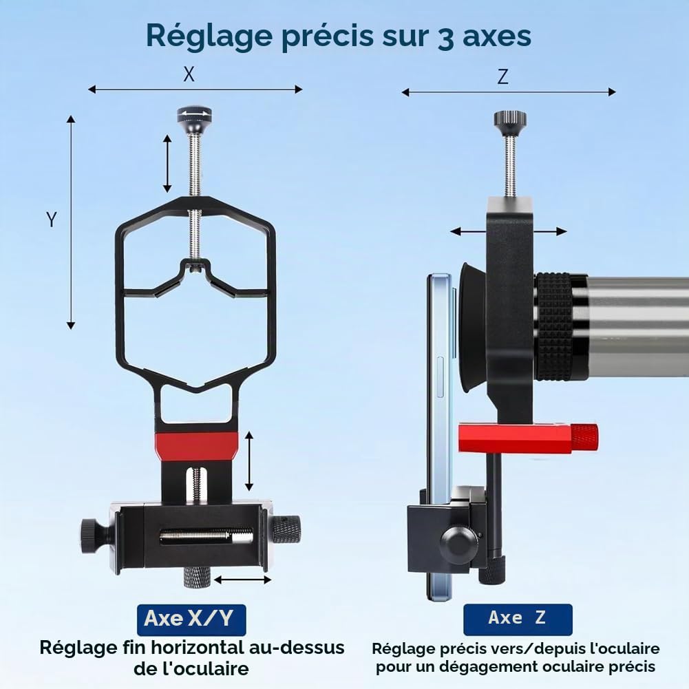 Adaptateur Universel de Digiscope pour Lunette de Téléphone, Support de Télescope en Métal, Support pour Smartphone à 3 Axes pour Longue-Vue avec Télécommande