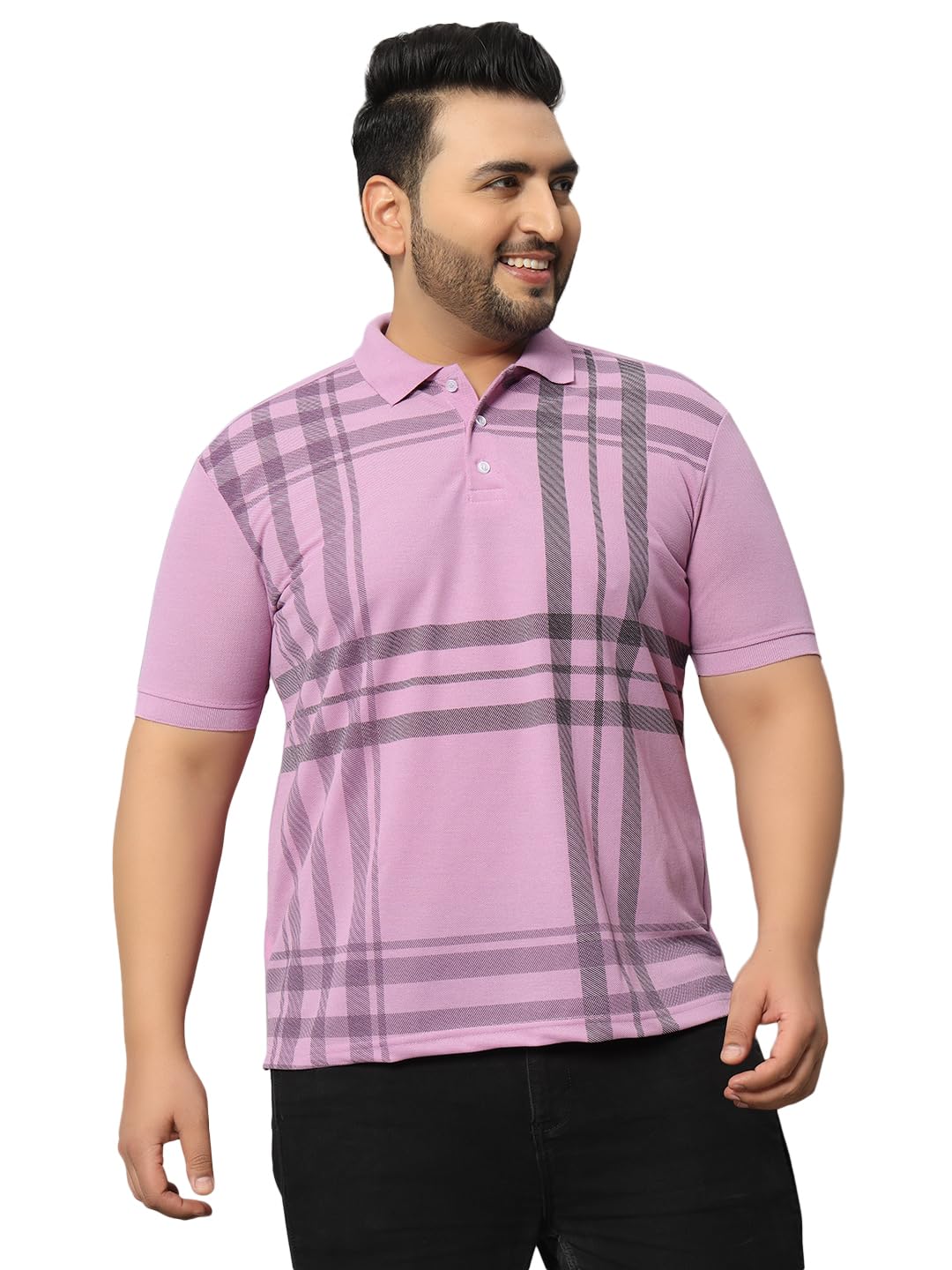 Men's Plus Size Cotton Blend Check Polo T-Shirt Has A Short Sleeve & Straight Hem-REBIGPOLO117-LAVENDER-picture-50