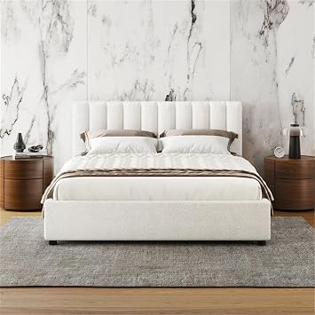 Pemberly Row Upholstered Platform Queen Bed, White Boucle Fabric, Vertical Channel Tufted Headboard, Solid Wood Legs, Wooden Slat Base, 66.1" W x 86.2" D x 39.4" H, Modern Bedroom Furniture