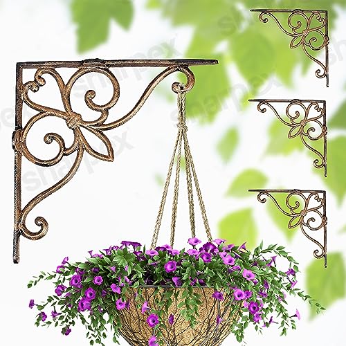 Image of Sharpex Wall Mounted Metal Bracket | Decorative Wall Hook Plant Hanger for Hanging Pots, Bird Feeders, Flower Baskets, Planters, Lanterns, Lamps, and Wind Chimes for Indoor /Outdoor Use (Gold, 4 Pc)