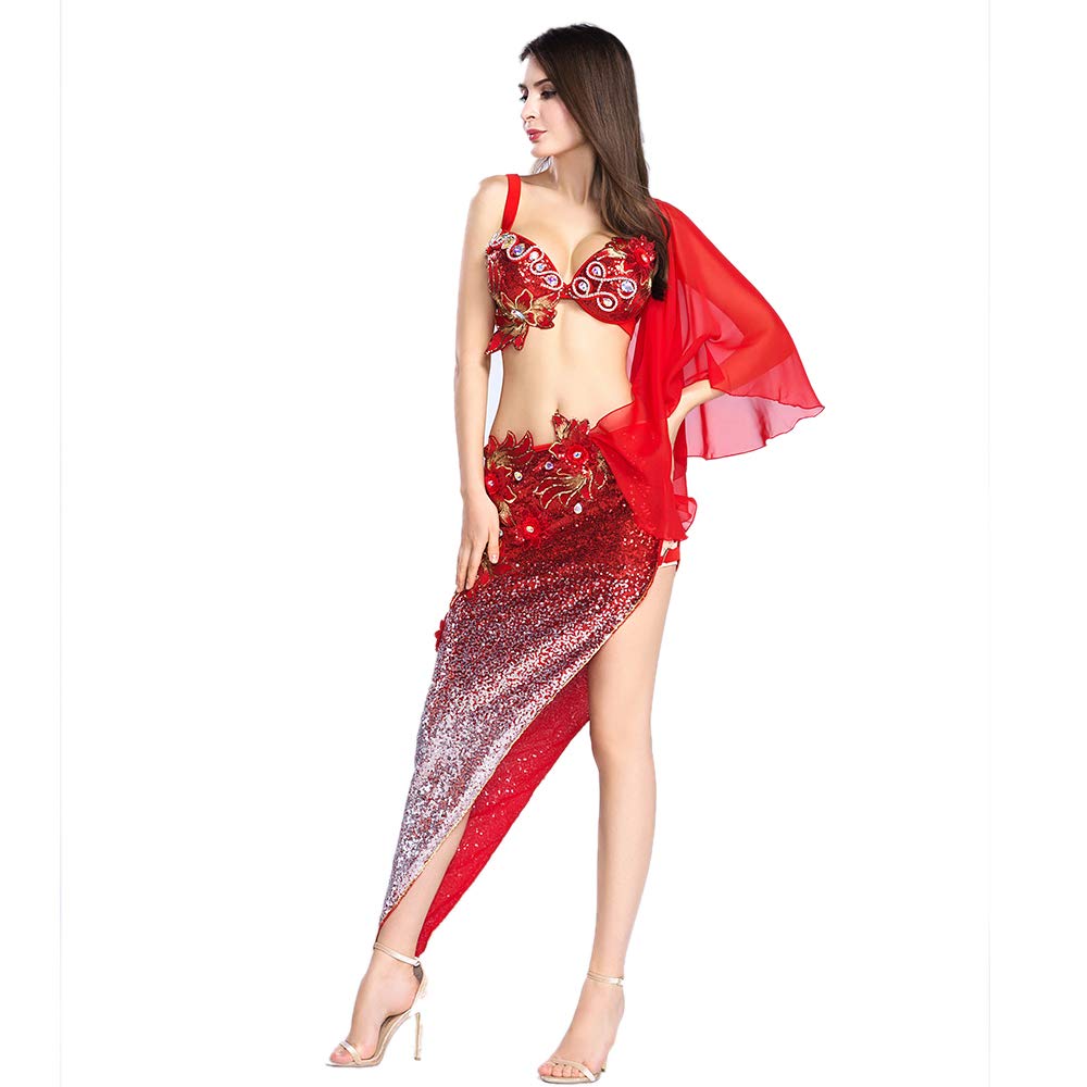 ROYAL SMEELA Seksowne kostiumy Bellydance dla tancerza brzucha biustonosz szal spódnica gradientowa cekinowa sukienka do tańca brzucha strój syrenki strój do tańca brzucha strój karnawałowy kostium kobiety orientalne kostiumy do tańca brzucha zestaw, Red,