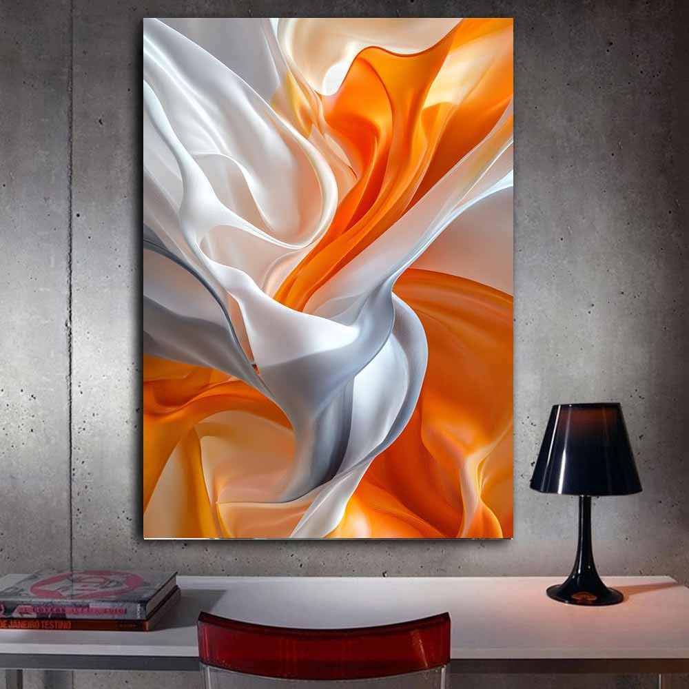 QUSAAOU Muralo Orange Silber Fließende Seide Stoff Modern Leinwandbild Abstraktion-Motiv- Bild FüR Wohnzimmer, Schlafzimmer, BüRo, Restaurant-Wandbild Wanddeko Modern(Orange)-70x100cm Ungerahmt