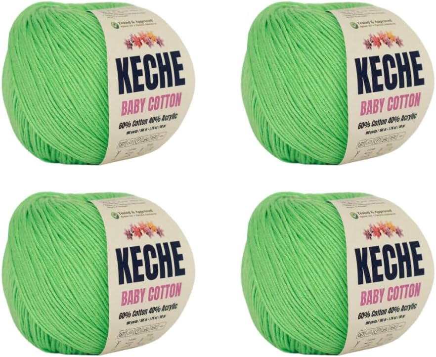 Keche Cotton Yarn, 60% Cotton 40% Acrylic Yarn, Soft Cotton Yarn for Crochet and Knitting, Amigurumi Yarn 4 Skeins/Balls [1.76 Oz (50g) / 180 Yrds (165m)] x 4 - Green