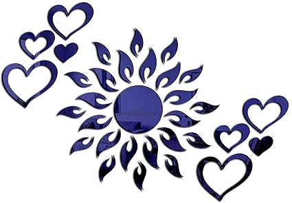 Wall1ders Sun with Love Heart Blue 2 Set (Sun Size 45 cm x 45 cm), mirror stickers for wall, acrylic mirror wall decor sticker, wall mirror stickers, acrylic stickers, wall stickers for hall room, bed room, Kitchen.