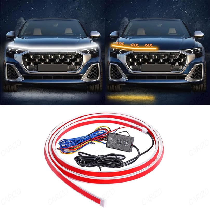 Image of CARIZO 71 Inch LED Hood Light Strip White Amber Dynamic Car LED Hood Strip Lights with Fuse Protection Turn Signal DRL Strip Compatible with Tata Punch (2021-2023)