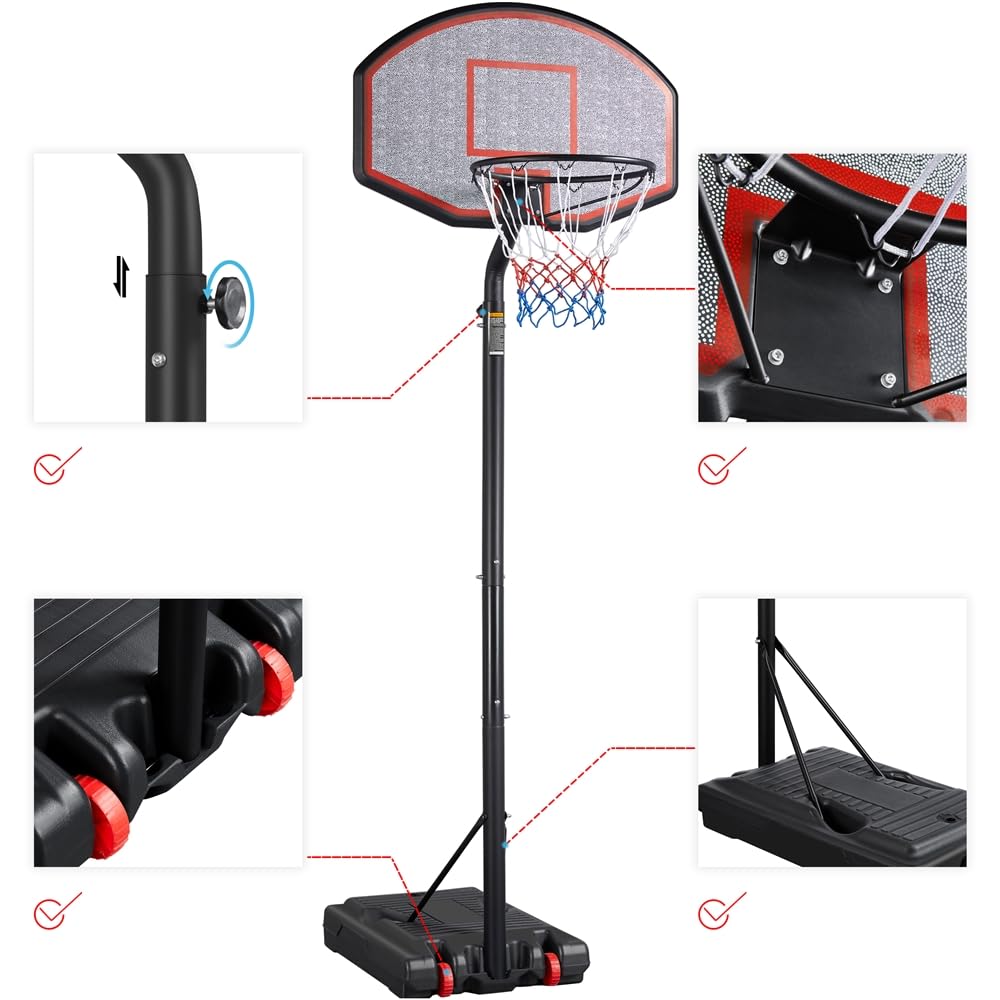 Yaheetech Canestro Basket Esterno Portatile Altezza Regolabile 304 – 353 cm Pallacanestro da Camera Interno con Tabellone Rosso