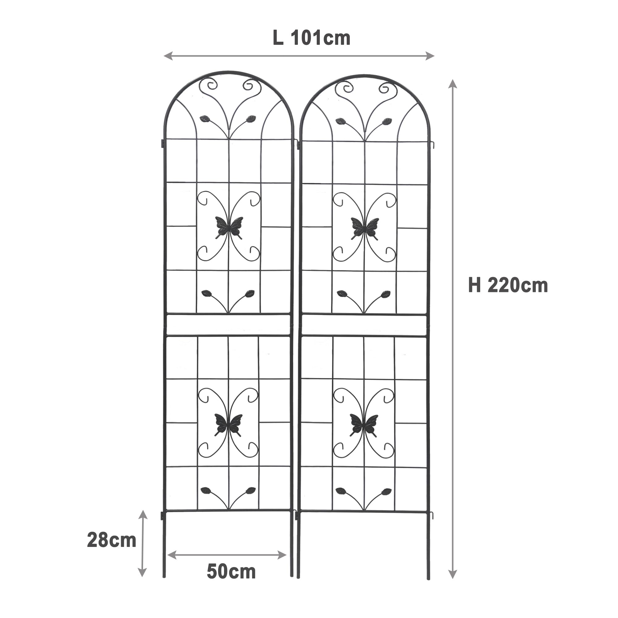 Traliccio da 220 x 50 cm, set da 2/4 pezzi, griglia da arrampicata in metallo per piante rampicanti, griglia di protezione dagli sguardi indiscreti, colore nero, per balcone e terrazza, traliccio da