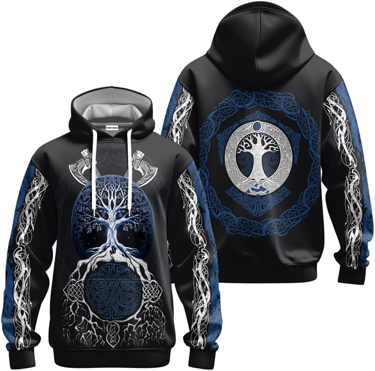 Viking Men's Hooded Collar Drawstring Hoodie Graphic Print Oversized Pullover Shirts with Pocket