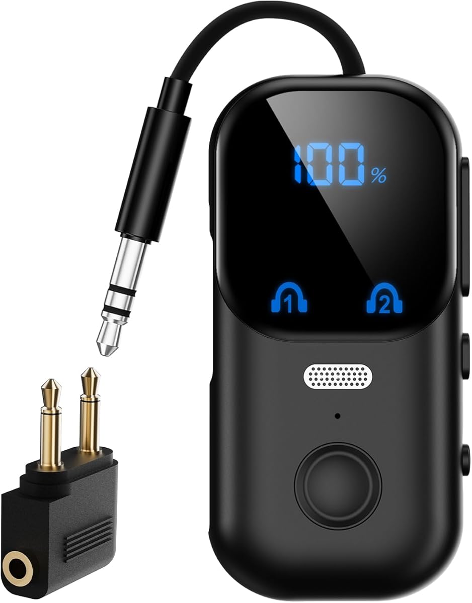 Bluetooth 5.4 Transmitter Receiver aptX Adaptive for 2 AirPods or Headphones, 2-in-1 Bluetooth Audio Adapter with Mic & LED Display for TV Car Airplane, 3.5mm AUX Wireless Adapter for Home Stereo