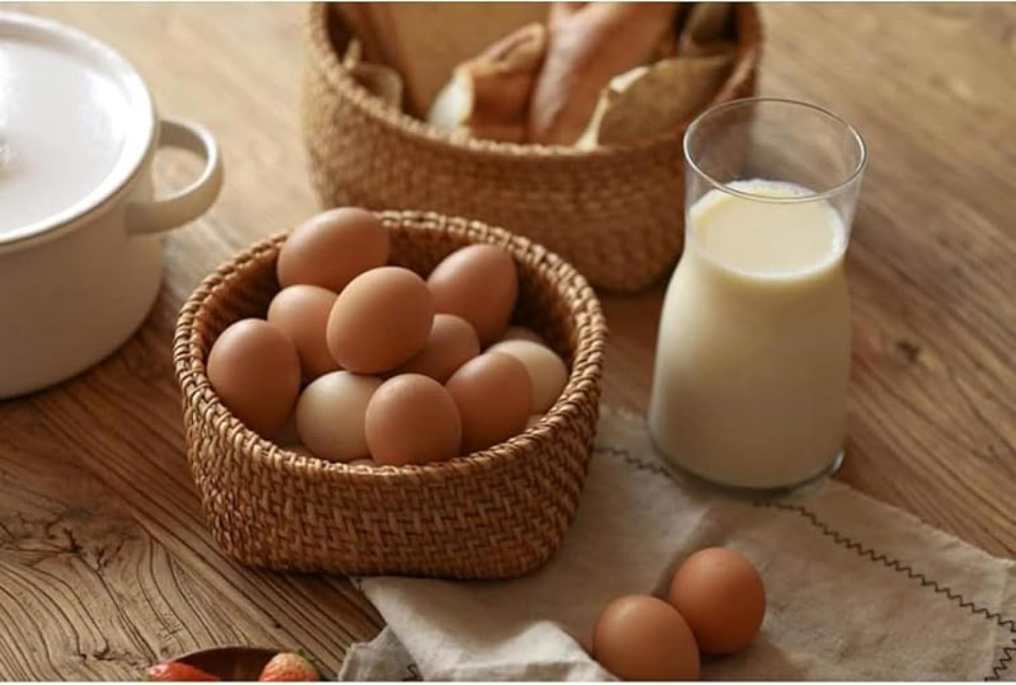 AOBOPO天然素材手作り丸形収納バスケット｜編み込み収納かご 洗える 卓上/キッチン/クローゼット/食器棚用 おもちゃ/お菓子/フ