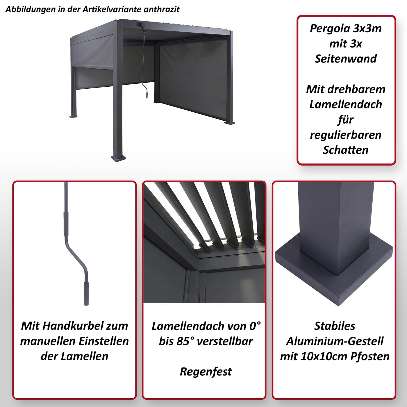 Mendler Pergola HWC-P65 mit 3X Seitenwand 10cm-Alu-Gestell 3x3m - weiß