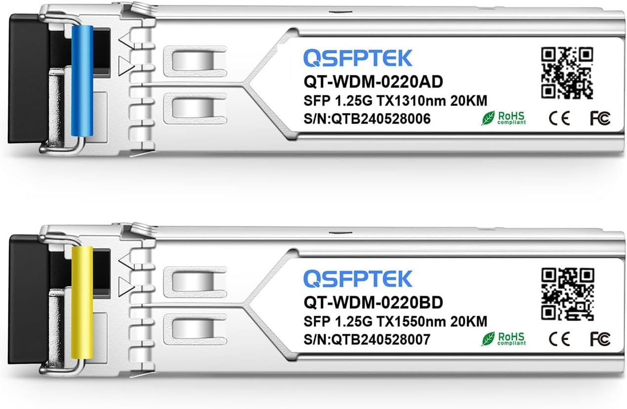 QSFPTEK Module 1.25G BIDI WDM SFP, émetteur-récepteur 1000Base-BIDI, 20 km, port Simplex LC, Tx1310/Rx1550 nm, compatible avec Cisco GLC-BX-U, GLC-BX-D, UF-SM-1G-S, Mikrotik (SMF, 20 km, DDM)