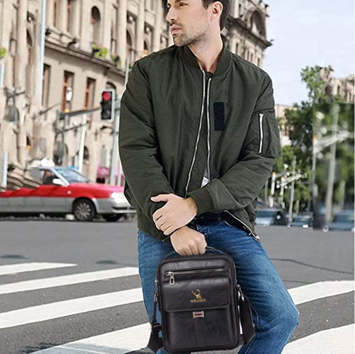 Sacoche Bandoulière Cuir Sacoche Homme Sacs à Bandoulière Vintage Shoulder Bag Business Cartable Besace pour Portable pour Voyage,Randonnée et Travailler(Cuir-Noir)