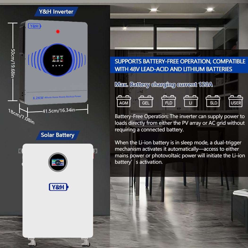 Y&H Hybrydowy falownik solarny 4,2 kW On/Off-Grid DC24V do AC220V zintegrowany 120A MPPT 6200W 27A PV-wejście bezakumulatorowe podwójne wyjście AC Offline Upgrade oprogramowania sprzętowego dla