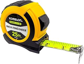 Komelon 52425IE Powerblade II 25ft Engineer Tape Measure - Wide High-Visibility Blade, Dual Hook, Inch/Engineer Scale