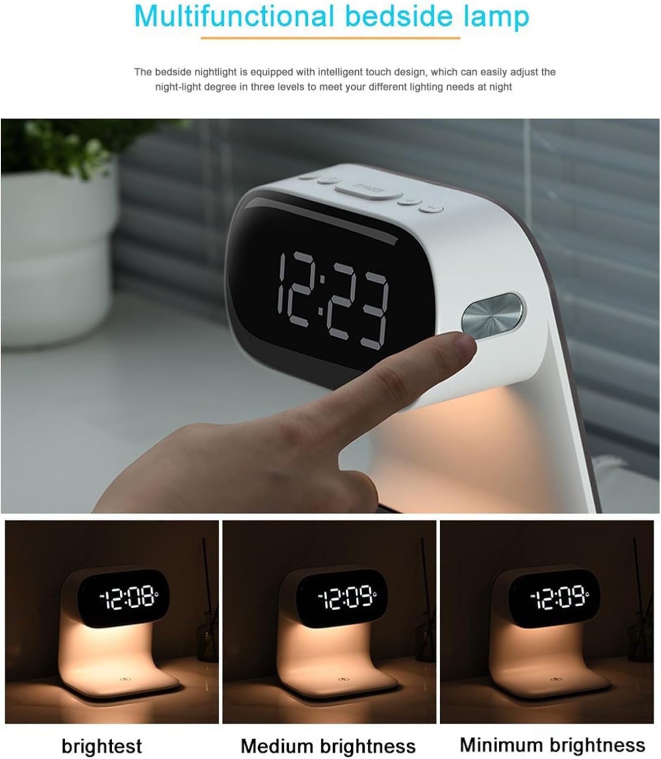 3-in-1 Bedside Lamp with Clock - A40(White), Alarm, 15W Fast Wireless Charger & 3-Level Night Light for Phone/Watch/Earbuds.