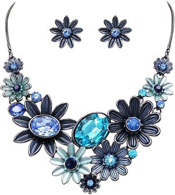 Rosemarie & Jubalee Womens Stunning And Colorful 3D Metal Flower With Crystal Rhinestone Details Statement Making Collar Necklace Earrings Gift Set, 13"+3" Extension