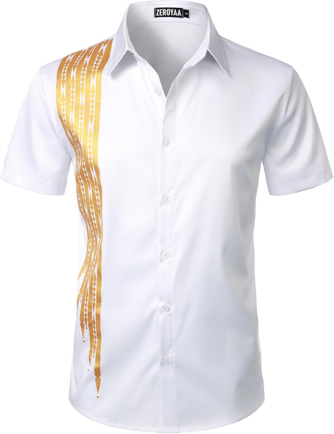 ZEROYAA Men's Africa Style Bronzing Short Sleeve Button Down Shirt Casual Party Dress Shirts