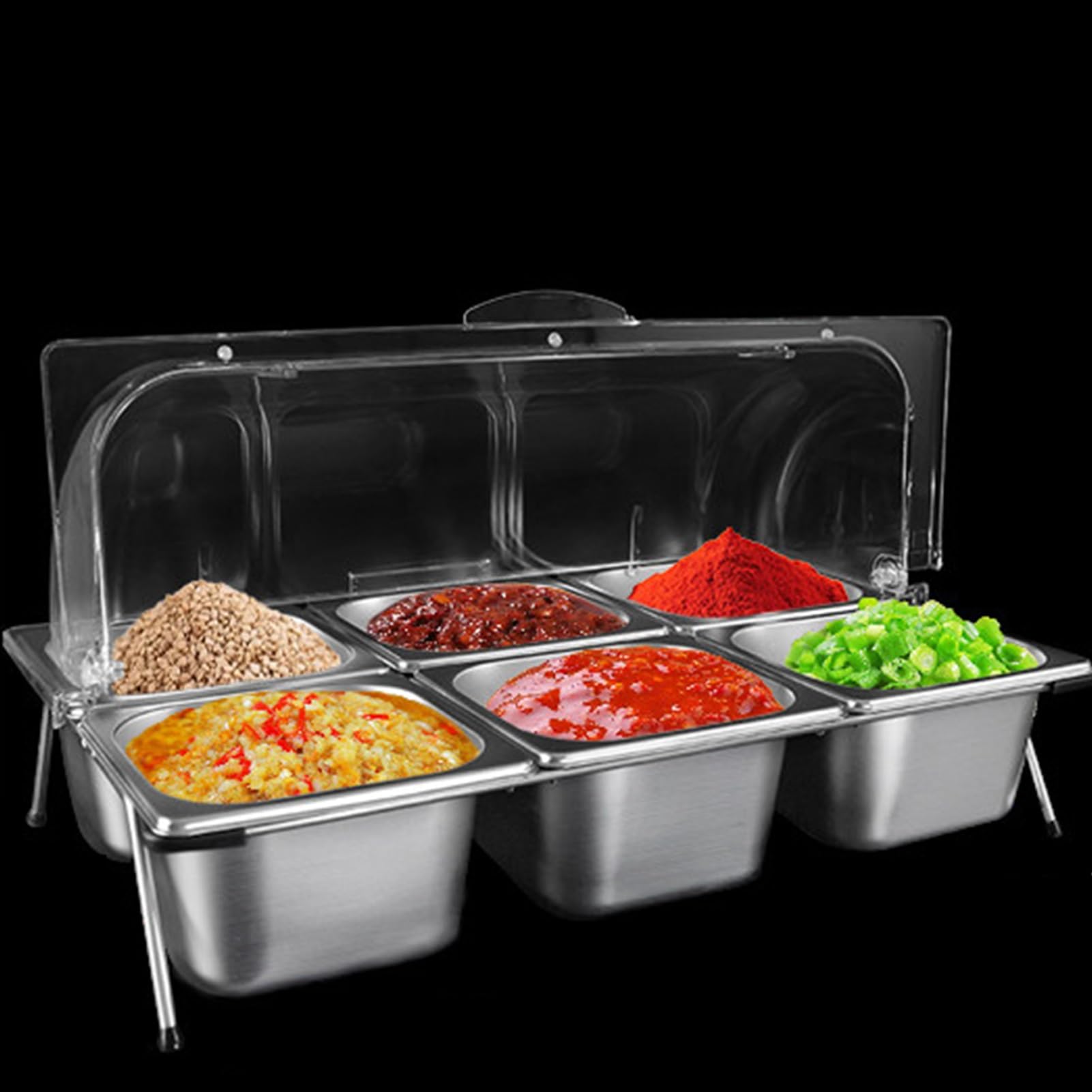 WDSOPK 9 Pan Stainless Steel Food Serving Container Set with Clear Lids Countertop & Spice Display Rack for Pantry Buffet Sauces & Jams Durable & Stylish