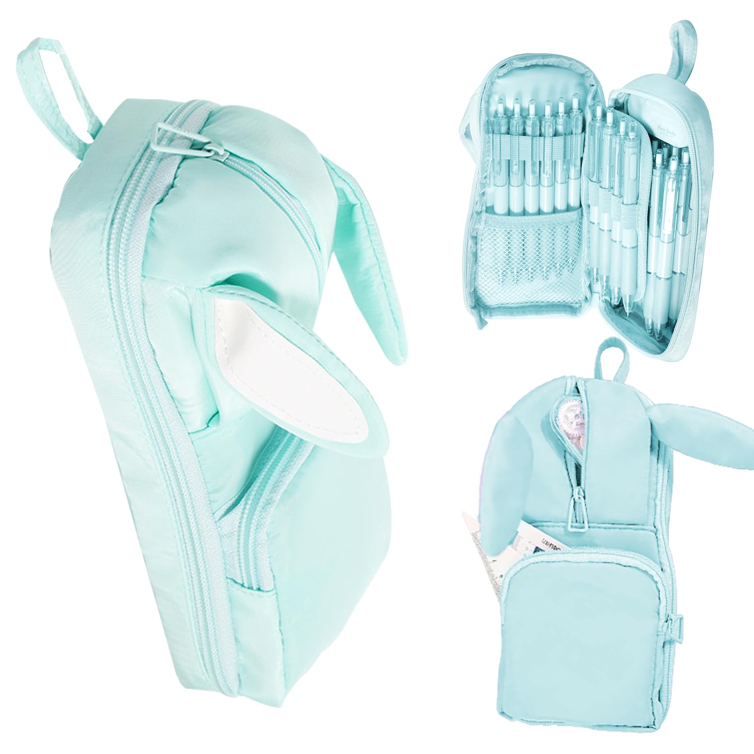 dravina Polyester Large Capacity Pencil Pouch for Girls & Boys with 3 Zippers & 5 Compartments | Waterproof Aesthetic Cute Bunny Ears Standing Pencil Case for Kids, Multiutility Pouch (Sea Green)-picture-34