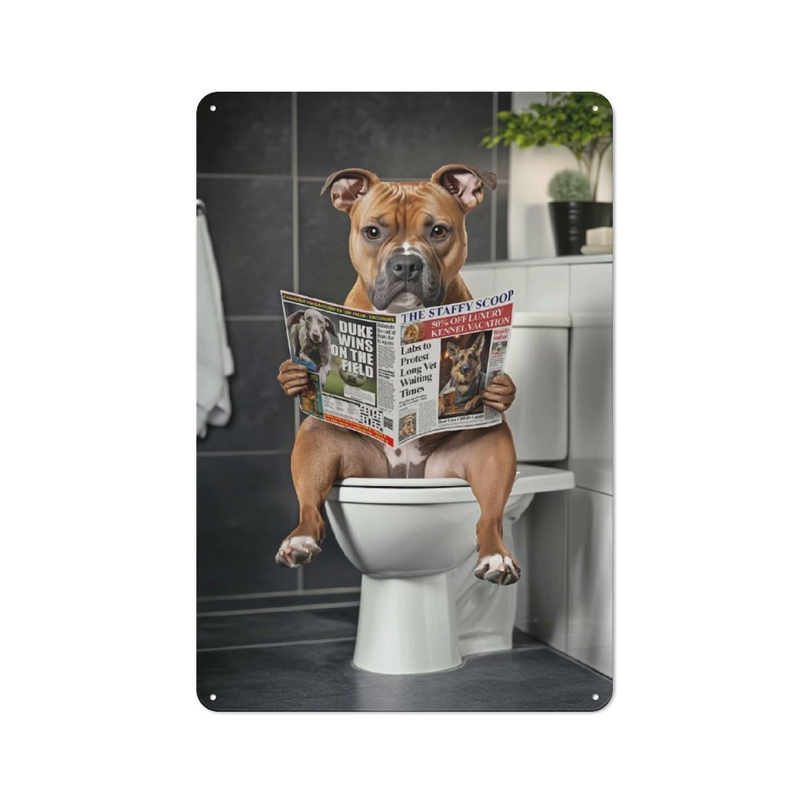 Junmoney Staffordshire Terrier On The Toilet Retro Metal Plaque 30X20cm Featuring For Garage Wall, A Winter Wall Decor Update For Workshop Decor Fans