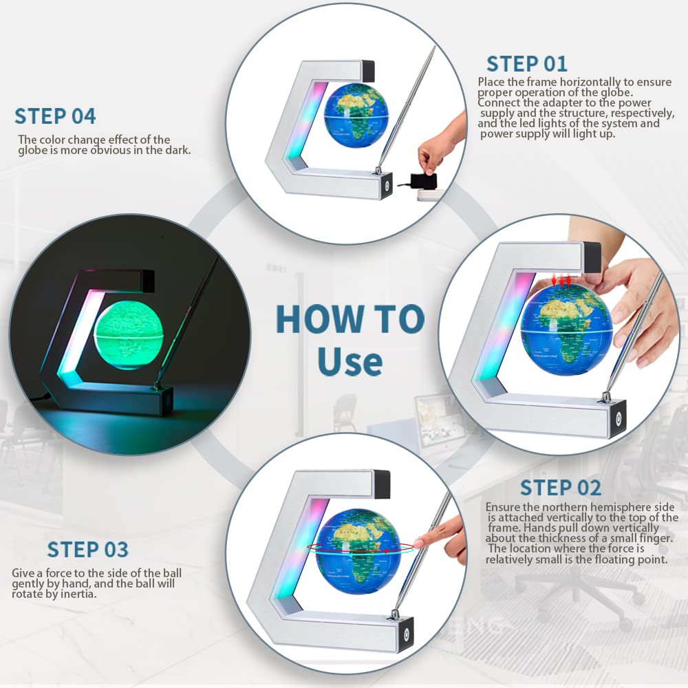 Globe terrestre magnétique flottant avec lampe et stylo - Décoration de bureau cool et géographie éducative pour enfants (Panneau argenté)