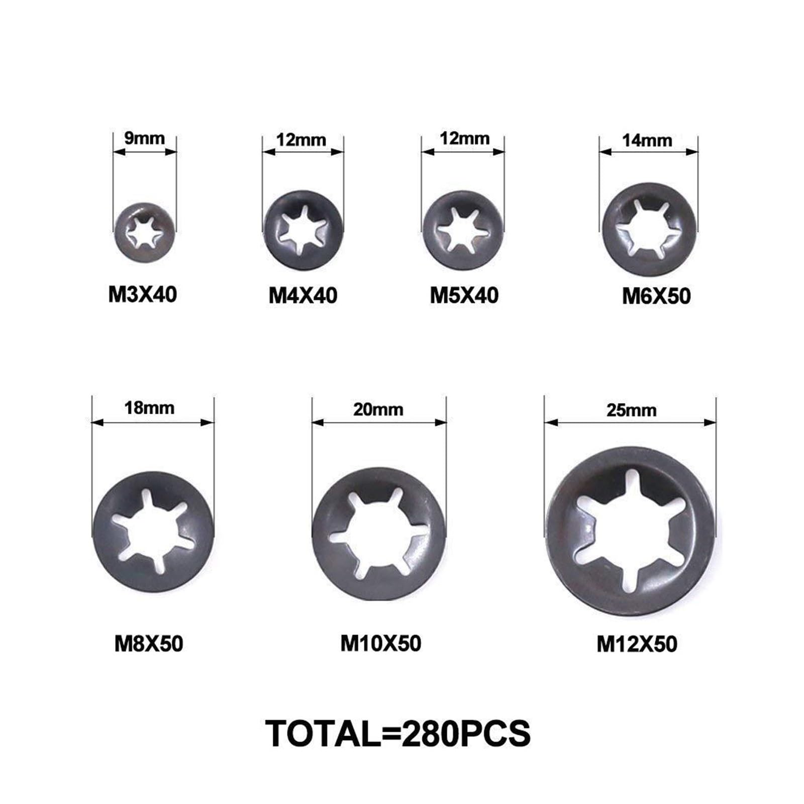 260 Uds M3 M4 M5M6M8M10M12 arandelas de seguridad Push-in sujetadores de bloqueo de estrella rápida de Metal Clip de retención tuerca de estrella