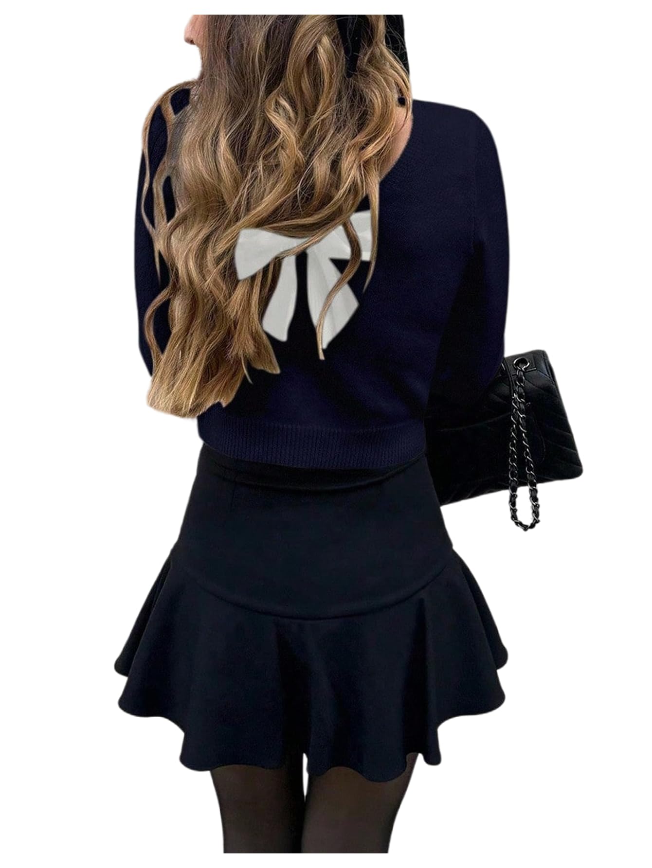 Verdusa Womens Coquette Bow Sweater Streetwear Y2k Crewneck Pullover Lightweight Knit Sweaters Tops
