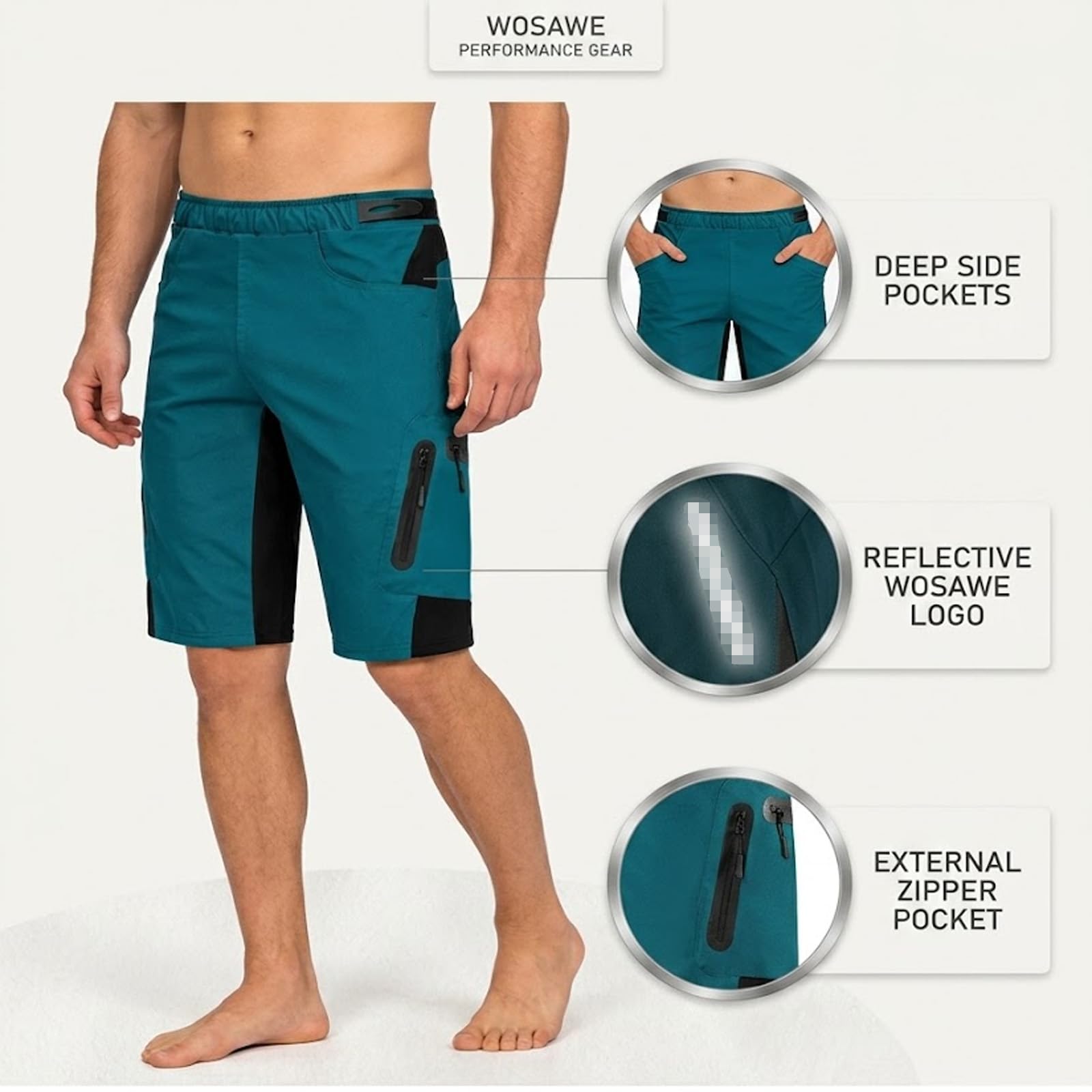 Pantaloncini Ciclismo Imbottiti Uomo con Gel 5D, Pantaloni Bici Traspiranti Asciugatura Rapida con Tasche, Vita Elastica Abbigliamento MTB Bici da Corsa per Lunghe Distanze