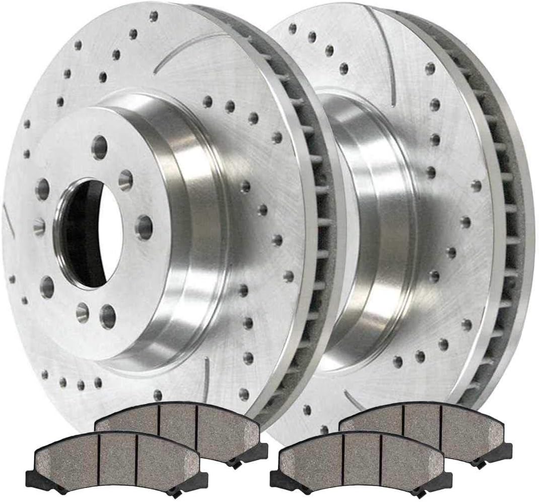 AutoShack Front Drilled and Slotted Brake Kit Rotors Silver and Performance Ceramic Pads Pair of 2 Driver and Passenger Side Replacement for Chevrolet Impala Limited Buick Lucerne V6 FWD BRKPKG002349