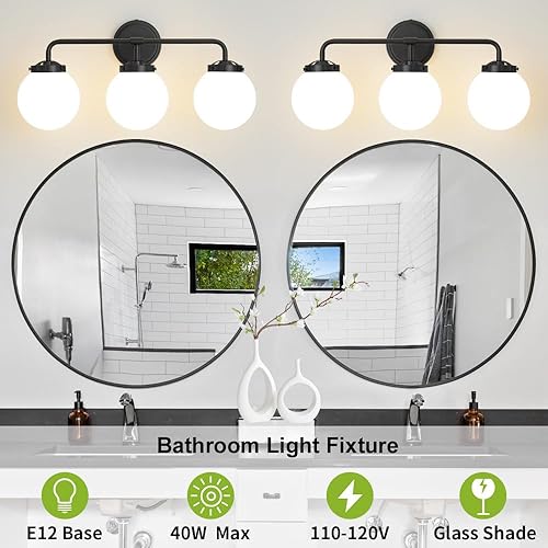 Miniatura 3 de Lámparas de baño negras sobre espejo, iluminación moderna de tocador de 3 luces con globo de vidrio blanco leche aplique de pared