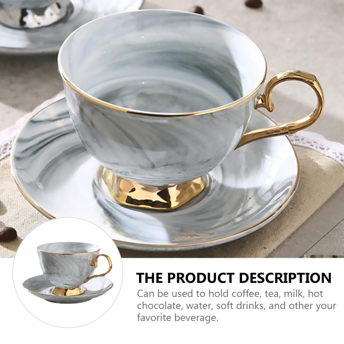 Juego de Taza y Platillo de Cerámica 250ml con Diseño Mármol Nórdico | Tazas Cafe con Plato, para Leche, Zumo, Café, Té, Chocolate Caliente, Agua y Otras Bebidas