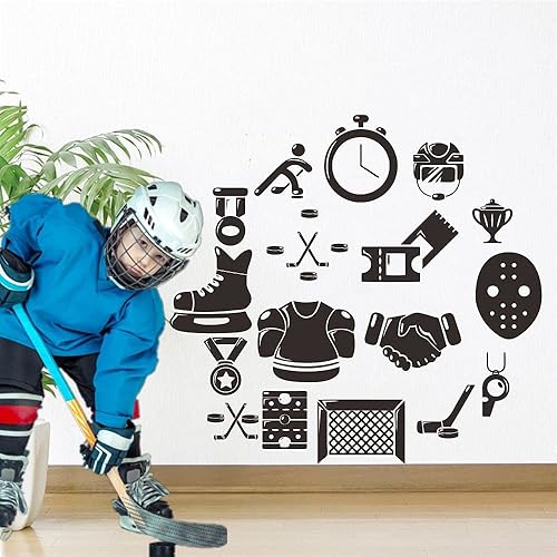 Miniatura 3 de Calcomanía de pared de hockey sobre hielo, adhesivo de PVC extraíble con jugador de hockey y cronómetro, arte de pared de vinilo para amantes del