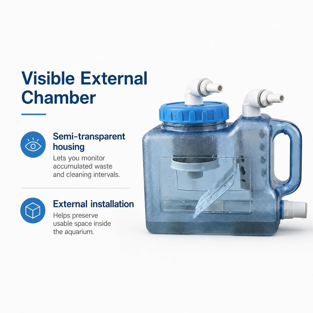 Collecteur Déchets Poissons 3L, Chambre Séparation | Réservoir Sédiments 3L, Maille Filtre Inox, Installation Externe, Sortie Vidange Basse, Cuve Semi-transparente(16mm)