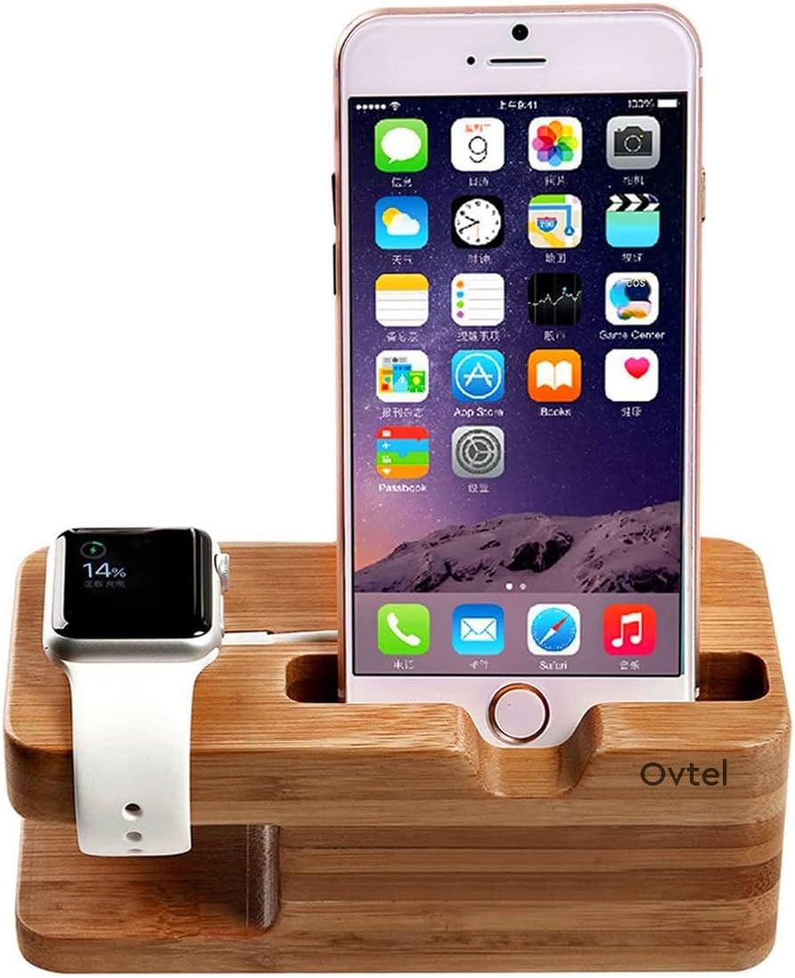Ovtel Apple Watch Phone Stand, Bamboo Wooden New 4 in 1 Desktop Nightstand Cell Phone Charger Stand Compatibile iPhone X/8/7/6/6s Plus,Apple Watch 38mm 42mm - iPhone Charger Stand