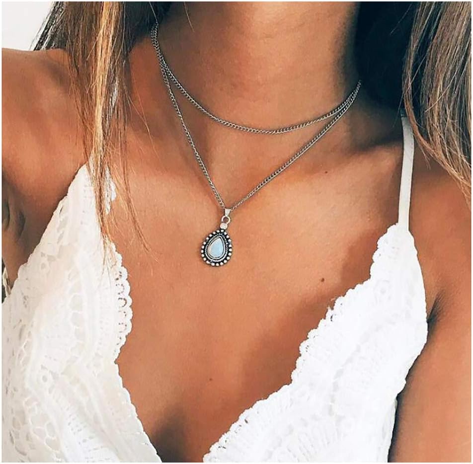 Aimimier Bohemia Layered Opal Choker Necklace Gemstone Necklace Teardrop Necklace Opal Gem Charm Pendant Necklace Gemstone Statement Jewelry for Women