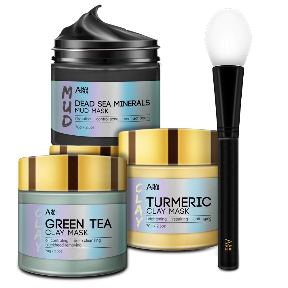 ANAI RUI Turmeric Clay Mask - Green Tea Detox Clay Mask - Dead Sea Minerals Mud Mask, Spa Facial Mask Set, 2.5 oz each : Beauty & Personal Care