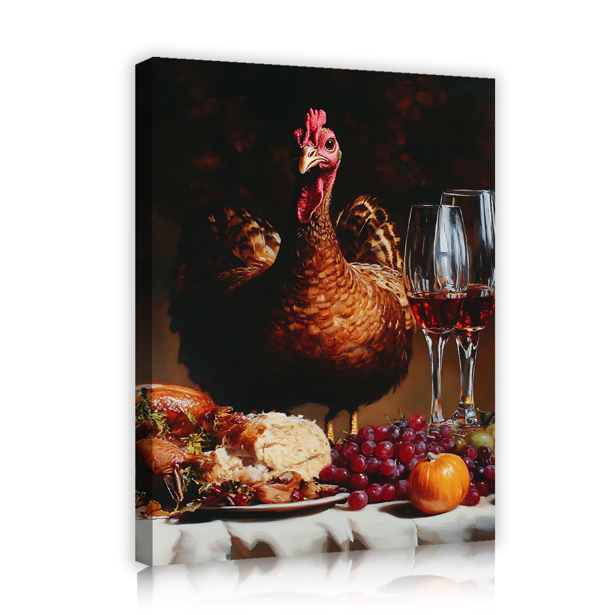 TOANGWALL Classic Farmhouse Still Life Canvas Wall Art Kitchen Brown Turkey Grapes Harvest Fruit Painting Artwork for Restaurant Bar Decor 70x85cm