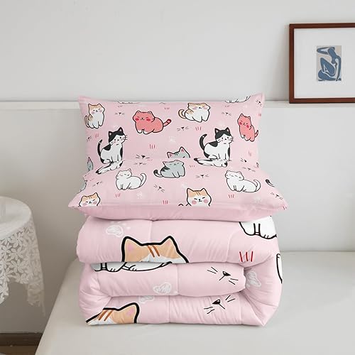 Miniatura 6 de Erosebridal Juego de ropa de cama de gato rosa para niñas, juego de edredón de animales lindos para niños, juegos de ropa de cama y colecciones de