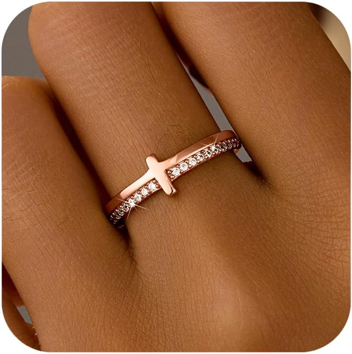 SUYACS 14K Gold Plated Cross Pray Rings for Women Non Tarnish 925 Sterling Silver Dainty CZ Faith Ring Trendy Stackable Eternity Promise Ring Birthday Wedding Jewelry Gifts to My Daughter