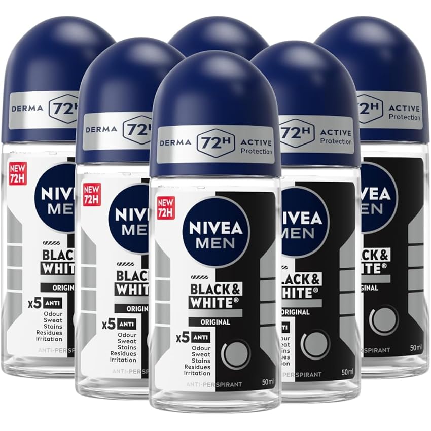 NIVEA MEN Black & White Invisible Original Roll-on 6 x 50 ml, Deodorante uomo 72h, Deodorante roll on antitraspirante contro odori, sudore, residui, irritazioni e macchie su tessuti chiari e scuri