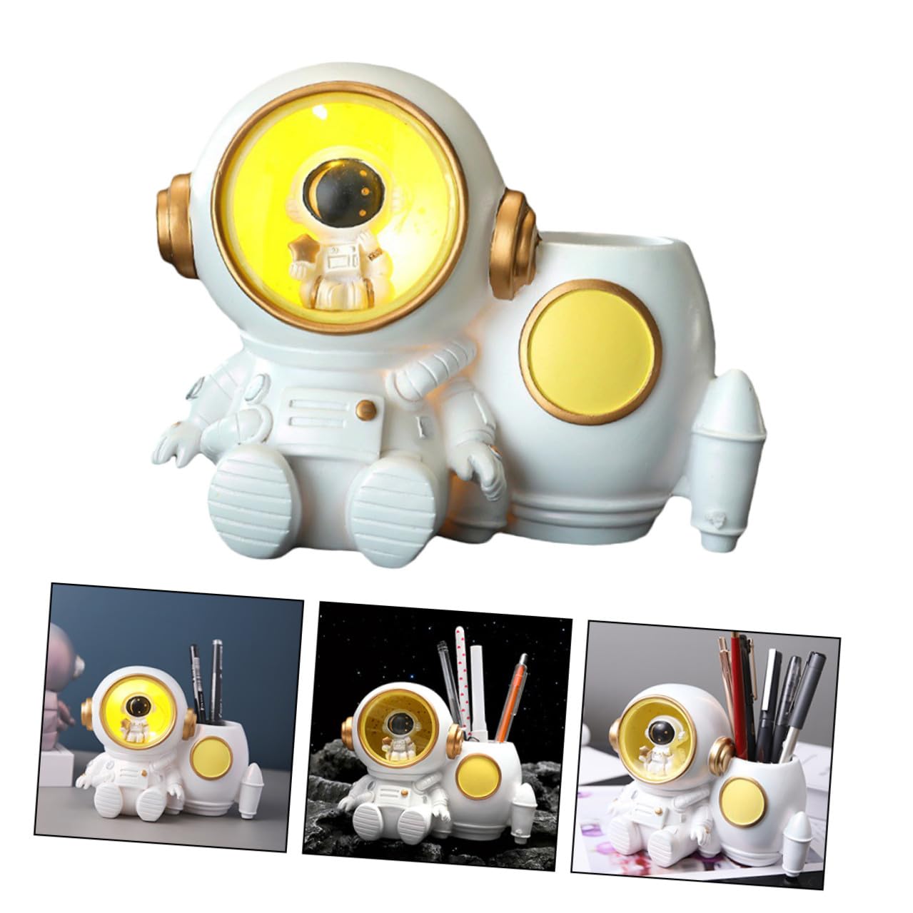 VILLCASE Portapenne Astronauta in Resina con Luce LED e Grande Capacità per Scrivania, Accessorio Desktop per Ragazzi e Ragazze