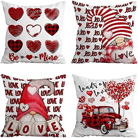 Hexagram Valentines Day Pillow Covers, Valentine Pillow Covers 18x18 Red Truck Buffalo Plaid Valentine's Day Throw Pillow Covers Set of 4 for Couch Sofa Living Room Outdoor Valentines Day Decorations