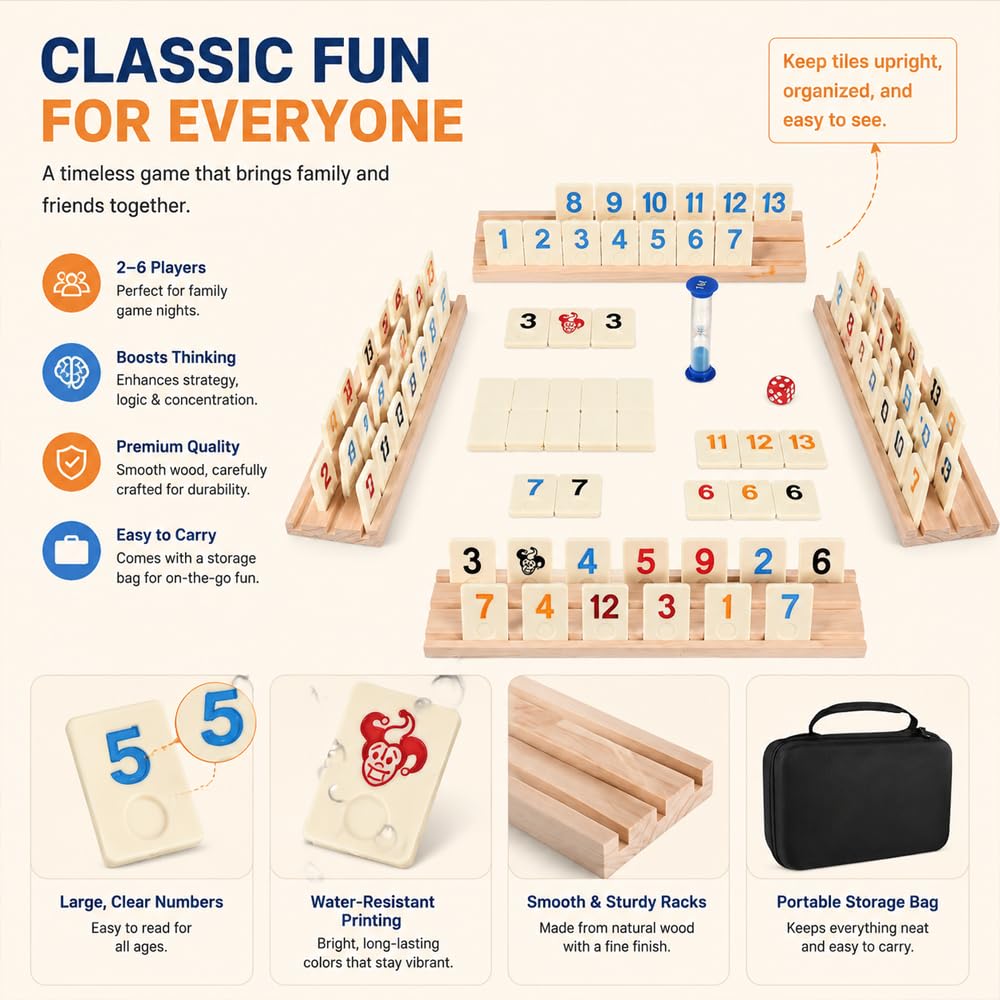 Rummy Gioco da Tavola | Rummy Set con 160 Pezzo 6 Rastrelliere 1 Clessidra, 1 Dado e 1 Custodia | Classico Gioco da Tavolo e di Carte | Facile da Imparare | Giocos Portatile per 2–6 Giocatori