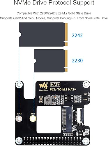 Miniatura 4 de Waveshare para adaptador Raspberry Pi 5 PCIe a M.2, compatible con protocolo de unidad NVMe compatible con unidad de estado sólido M.2 tamaño