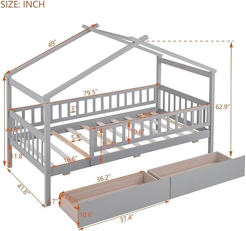 Miniatura 2 de Cama Montessori de tamaño individual con dos cajones para los más pequeños, marco de cama de madera con valla y techo, cama de almacenamiento de