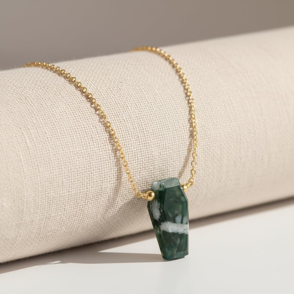Natural Moss Agate Geometric Coffin Pendant Necklace for Women | Gold Plated Hypoallergenic Abundance Crystal Jewelry | Heart Chakra Nature Stone Gift 16"+2" (Moss Agate) - Image 4