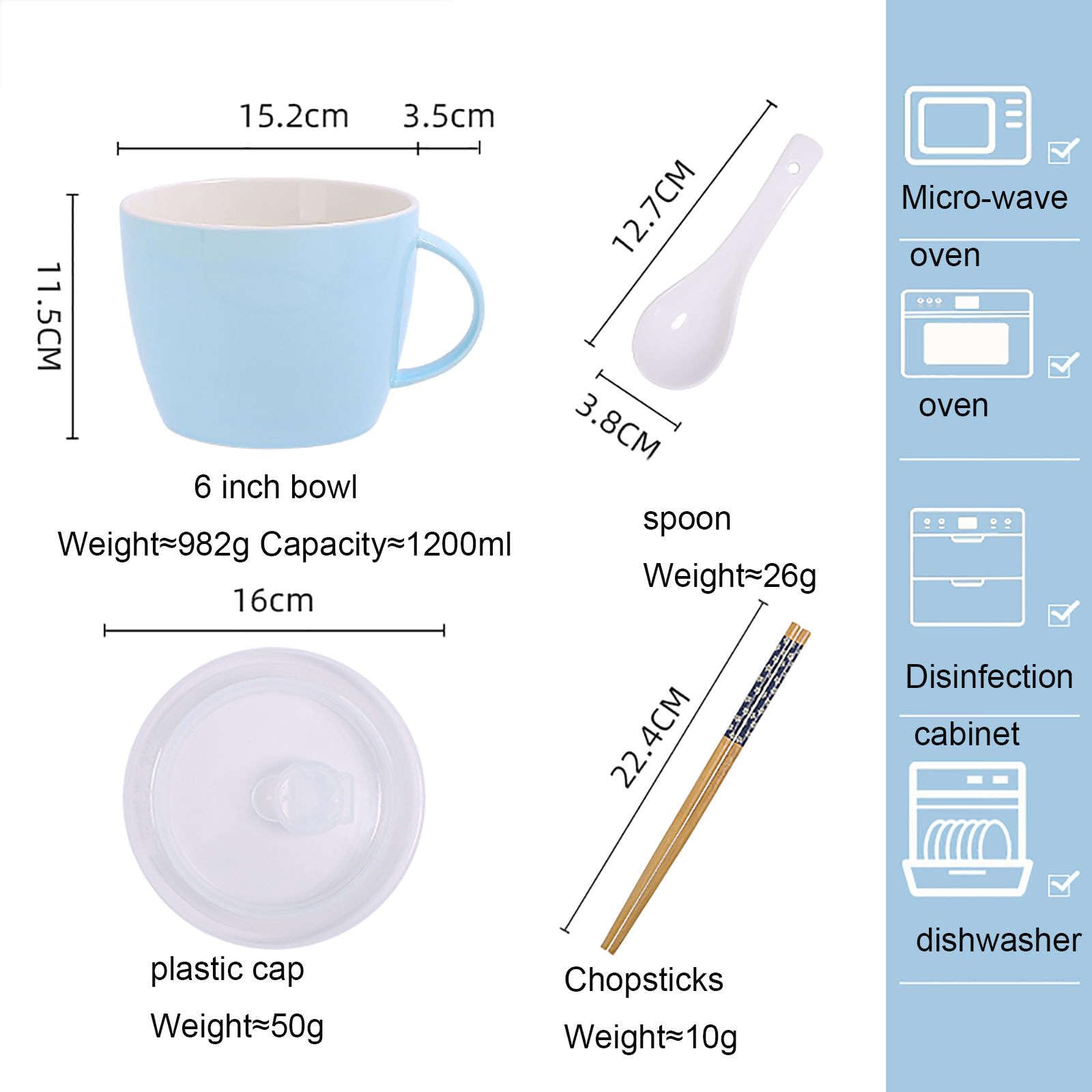 Bardzo duża, ceramiczna miska do ramenu z pokrywką, 1200 ml, z ergonomicznym uchwytem, do szybkich posiłków, idealna dla studentów i pracowników biurowych (niebieska)