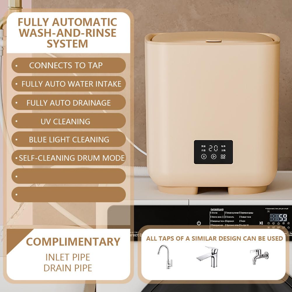 Lavadora Totalmente Automática, Mini Lavadoras 4 En 1 de 10 L con Deshidratación, Limpieza Automática, Control Táctil LCD Y Ajuste de 4 Velocidades