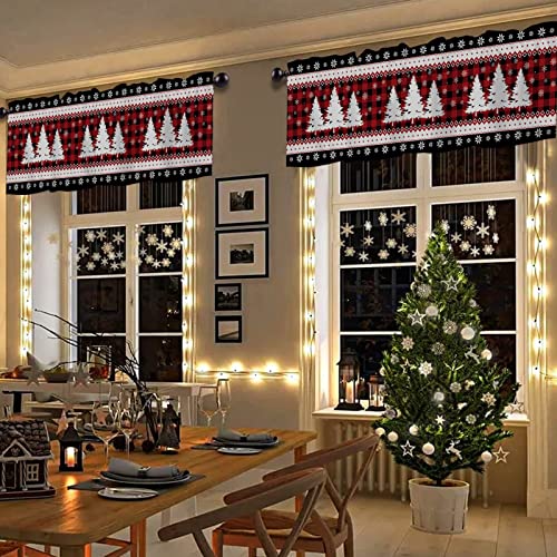 Christmas Valance For Windows Pine Xmas Tree Snowflake Window Toppers Valances Rod Pocket 1 Panel Red Buffalo Plaid Window Treatments For Kitchen Bathroom Bedroom 54 X 18 Inch #TOP3